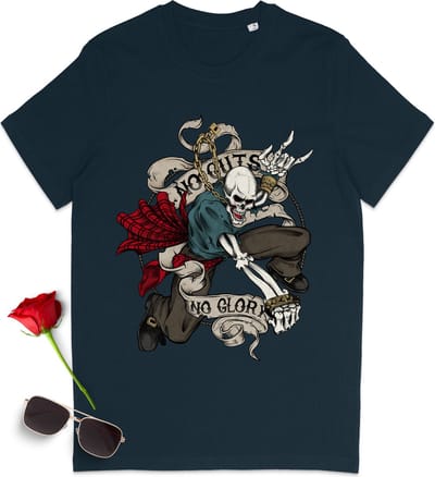 T shirt met skelet en quote: 'No Guts, No Glory' - Dames en heren tshirt - T-shirt vrouwen en mannen met print opdruk - Unisex maten: S t/m 3XL - Shirt kleuren: zwart, anthracite, Frence Navy en Burgundy (bordeaux rood).