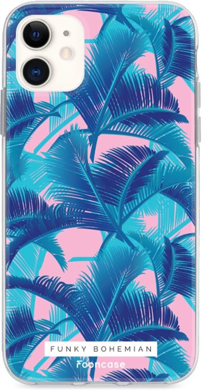 Fooncase Hoesje Geschikt voor iPhone 12 - Shockproof Case - Back Cover / Soft Case - Funky Bohemian / Blauw Roze Bladeren