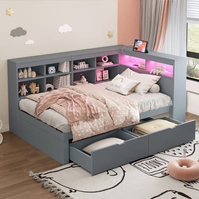 Wishdor Multifunctioneel Slaapbankbed 90x200 cm – Met Opbergruimte en Lades – USB en LED – Hout – Grijs