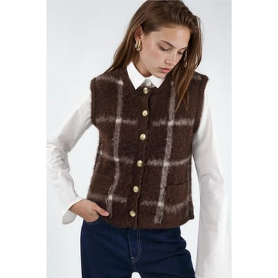 Ruitvormige Crew Neck Sweatervest met Knopen