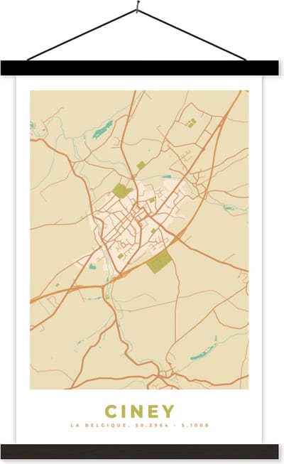 Posterhanger incl. Poster 40x60 cm - Schoolplaat - Kaart - Stadskaart - Plattegrond - België - Ciney - Textielposter - Zwarte latten - Stadskaart
