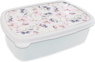 Broodtrommel Wit - Lunchbox - Brooddoos - Bloemen - Waterverf - Bohemian - Patroon - 18x12x6 cm - Volwassenen