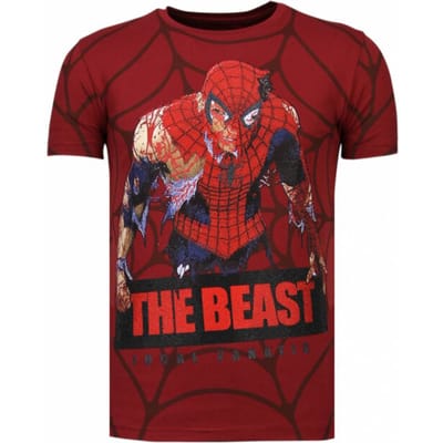 T shirt Heren - T shirt Heren met Print - Heren Tshirt met Opdruk Spider - Tshirts Heren Grappig Print - Bordeaux