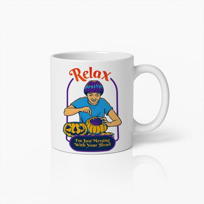 Witte Mok 330ml – “Relax, I’m Just Messing With Your Head” Grappige Retro Illustratie Koffiebeker