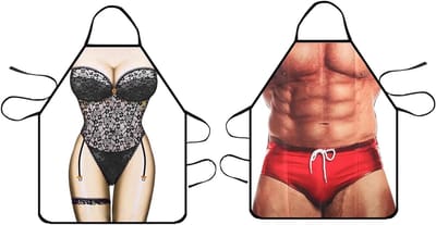 Grappige Keuken Schorten voor Mannen en Vrouwen - 3D Spier Man en Bikini Ontwerp, Perfect voor Feestjes en Koken, 80 x 60 cm, Multicolor, One Size