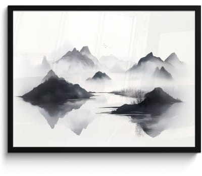 Poster in lijst - Fotolijst 70x50 cm - Posters - Bergen - Mistig - Water - Wit - Posterlijst zwart - Decoratie - Wanddecoratie woonkamer - Muurdecoratie slaapkamer