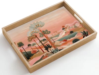 Dienblad hout 50x35 cm - Schootdienblad - Roze landschap - Palmen - Water - Borrelplank rechthoek - Plateau dienbladen