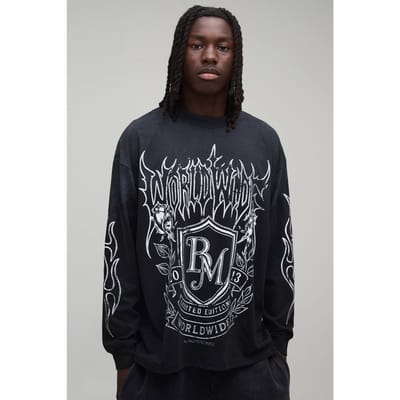 Zwart Oversized Gothic Embleem Print Spray Wash Shirt Met Lange Mouwen | Black | Size XS