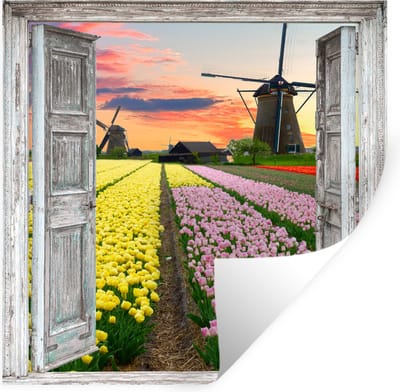 Muurstickers - Sticker Folie - Doorkijk - Tulpen - Molen - Avond - 100x100 cm - Plakfolie - Muurstickers Kinderkamer - Zelfklevend Behang XXL - Zelfklevend behangpapier - Stickerfolie