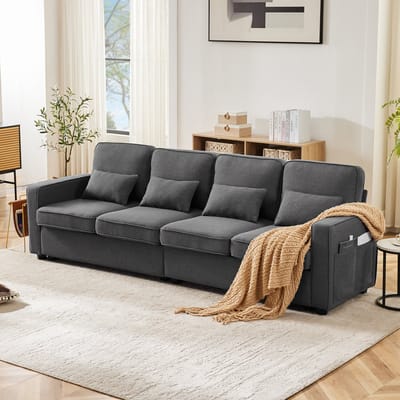 Moderne 4-zitsbank van Linnen Stof, 4-zits Bank, Vierzitsbank met Armleuningvakken en 4 Kussens, bank in Eenvoudige Stijl, Geschikt voor Woonkamer, Appartement, Kantoor, 3 Kleuropties voor Banken-Donkergrijs