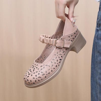Lente en Zomer Nieuwe Stijl Echt Lederen Casual Sandalen voor Dames, Holle Gespriemen, Schoenen in Grote Maten, Dikke Hakken voor Dames 33 gray