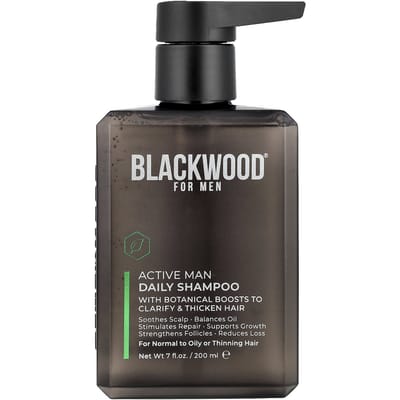 Blackwood For Men, Active Men Daily Shampoo, with Licorice Root, Rice Extract, and Ginseng, 7 fl oz (200 ml) black