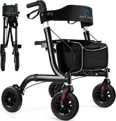 Safe Age® Rollator lichtgewicht en opvouwbaar - Rubberen wielen - zitfunctie - voor binnen en buiten - Rugleuning en wandelstok houder - Zwart