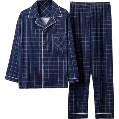 2-delige/set heren pyjama set ruitprint revers lange mouw single breasted shirt elastische taille lange broek set losse pasvorm loungewear S L donkerblauwe kleur