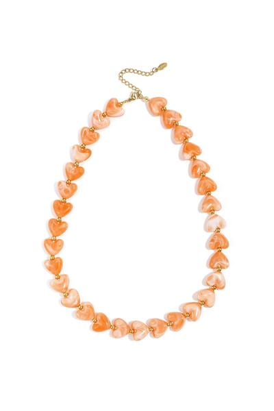 Koningsdag Hartjes ketting met acryl kralen en roestvrij staal - Oranje - korte damesketting 40-45 cm