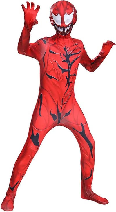 Superheldendroom - Duister Symbioot Kostuum – Zwart‑Rood – Stretch - 104 (3/4 Jaar) - Verkleedkleding - Superheldenpak - Actieheld - Carnaval