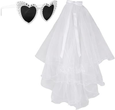 Bruidspartij Accessoires Set voor Vrouwen, Sluierset met Hartvormige Zonnebril en Parels, Perfect voor Huwelijksfeest en Verjaardagsfeest