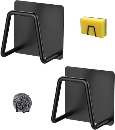 Praktische sponshouder voor keuken en badkamer, 2 stuks, zwart, roestvrij staal, 4.5 x 4.5 x 3 cm, ideaal voor organisatie en ruimtebesparing