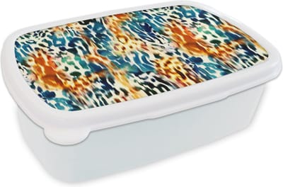 Broodtrommel Wit - Lunchbox Oranje - Blauw - Dierenprint - Patronen - Brooddoos 18x12x6 cm - Brood lunch box - Broodtrommels voor kinderen en volwassenen