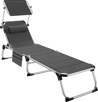 tectake® Ligbed met Zonnedak – Inklapbare Ligstoel met 6 Verstelbare Standen – Zonnebed met Hoofdkussen en Zijvak – Aluminium Frame – Draagvermogen 120 kg – Antraciet