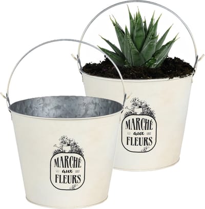 Sunnydays Emmer/plantenpot/bloempot - 2x - zink - ivoorwit - D24 x H19 cm