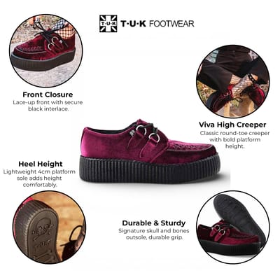 TUK Viva High Creeper bordeauxrode fluwelen platform veterschoenen in gothic-stijl - AV6802