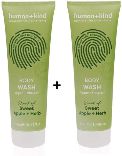 Human&Kind Sweet Apple+Herb Body Wash - Voordeelverpakking 2 tubes - Geurige verfrissende Vegan Bodywash - Zachte Hydraterende Stralende en Verzorgde Huid - Een energiek en verfrissend gevoel - Duurzame natuurlijke tube gemaakt van suikerriet (250ml)