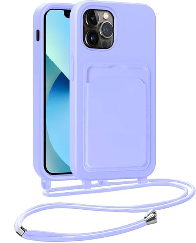 Hoesje Geschikt voor iPhone 13 Pro Hoesje Met Telefoonkoord en Pasjeshouder Siliconen - Hoes Geschikt voor iPhone 13 Pro Hoesje Met Kaarthouder Case - Lila