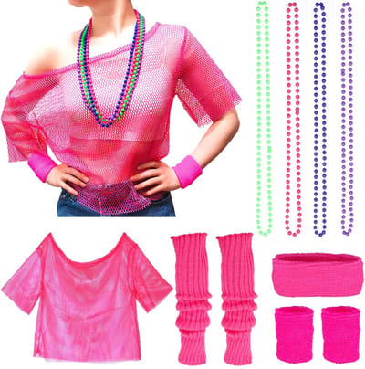 Dailygoods- Outfit Jaren 80 - Neon Netshirt - Hoofdband - Polsbanden - Beenwarmers - Energieke Set Met Accessoires - Retro Kostuum
