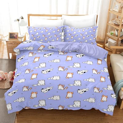 135 x 200 cm, cartoon katten beddengoedset voor volwassenen, jongens en meisjes, schattige paarse kat, ademend, zachte microvezel dekbedovertrek met kussenslopen (kat 4, 135 x 200 cm)