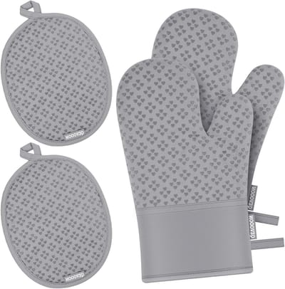 Ovenwanten en pannenlappen - Keukenhandschoenen set - Veilig koken - Antislip siliconen oppervlak - 4 sets - Grijs