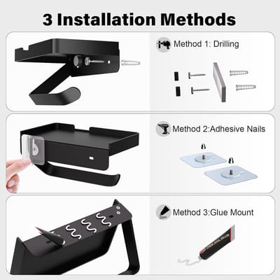 Famanu – Toiletrolhouder met plank voor wandmontage, aluminium uitvoering, zelfklevend of schroefmontage, mat zwart