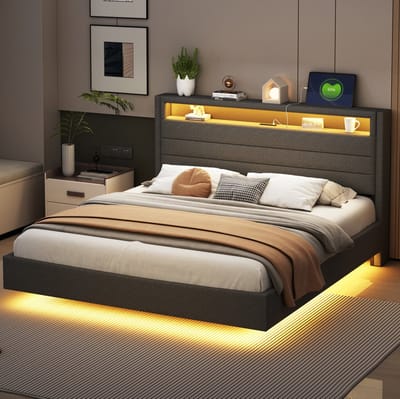 MEUNIQ gestoffeerd bed 160x200 cm met USB-aansluiting, LED-verlichting, draaibaar hoofdbord met opbergruimte en lattenbodem voor slaapkamer, grijs