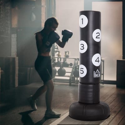 MEUNIQ Vrijstaande bokszak 176 cm met kunststof voet en genummerd slagvlak, staande trainingsbokszak voor boksen en kickboksen thuis, zwart