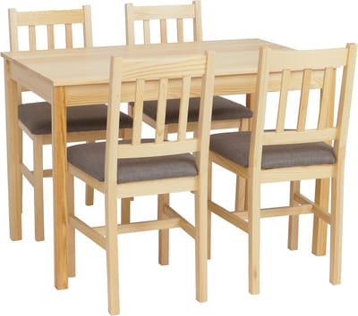 Eetkamer-set MCW-F77, zitgroep Eetkamergroep, massief hout dennenhout Stof Landhuis 110 cm ~ naturel Bekleding grijs