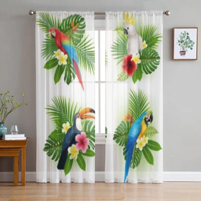 Tropische Bloem en Vogel Tule Raamgordijnen voor Woonkamer Garen Transparant Voile Gordijn voor Slaapkamer Keuken Draperie Decor 135W x 114H(cm) white