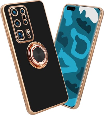 Cadorabo Hoesje geschikt voor Huawei P40 PRO+ in Glossy Zwart - Goud met ring - Beschermhoes van flexibel TPU-silicone Case Cover met camerabescherming en magnetische autohouder