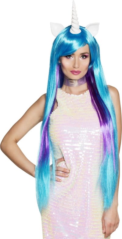Boland - Pruik Eenhoorn Stardust Blauw,Neon - Steil - Lang - Vrouwen - Eenhoorn - Fantasy - Unicorn