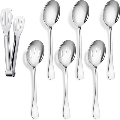 Complete Set van 7 Serveerlepels en Keukengerei, Inclusief RVS Lepels, Slotted Lepels en Soeplepel van 22 cm