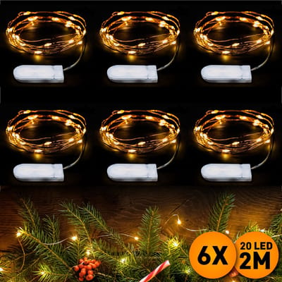 Kerstverlichting op batterij, 6 stuks, 2 meter 20 LEDs, Warm Wit, Lichtsnoer type Nano Koperdraad, Kerstboomverlichting, Inclusief CR2032 batterijen, Lichtslinger geschikt voor binnen, kerstverlichting led
