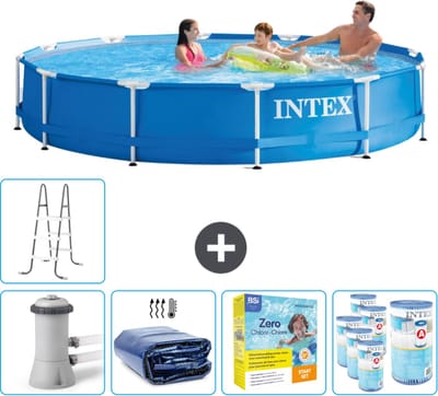 Intex Rond Frame Zwembad - 366 x 76 cm - Blauw - Inclusief Pomp Solarzeil - Onderhoudspakket - Filters - Ladder