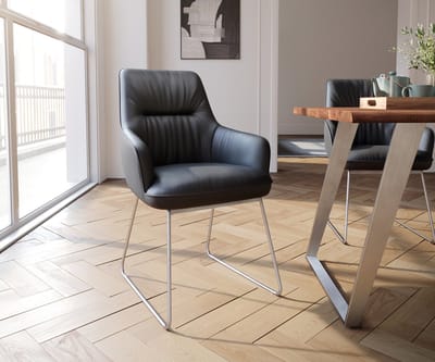 Gestoffeerde-stoel Zelia-Flex met armleuning slipframe roestvrij staal echt leer zwart pocketveer kern