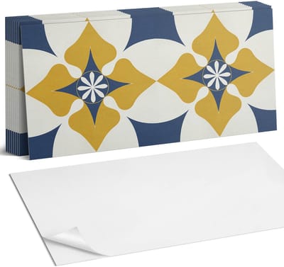 Coloray Plaktegels - Bloemenpatroon met symmetrie Zelfklevende Wandtegels - 40 cm x 20 cm - Geel Plaktegels - 10 stuks - Rechthoek PVC Tegels - Plaktegels Badkamer - Vloertegels Zelfklevend - Vinyl Tegels - Portugese Tegels