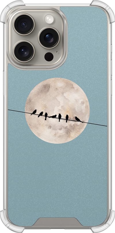 Shockproof hoesje - Geschikt voor iPhone 15 Pro Max - Moon birds - Extra sterke case - TPU/polycarbonaat - Print / Illustratie - Blauw, Transparant