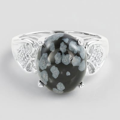 Cavill - Zilveren Ring - 925 Sterling Zilver - 4,28 ct Sneeuwvlokken Obsidiaan & Witte Topaas Briljant - Ovaal Cabochon - Elegante Winter Sieraden