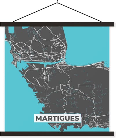 Posterhanger incl. Poster 60x60 cm - Schoolplaat - Stadskaart - Kaart - Plattegrond - Martigues - Frankrijk - Textielposter - Zwarte latten - Stadskaart
