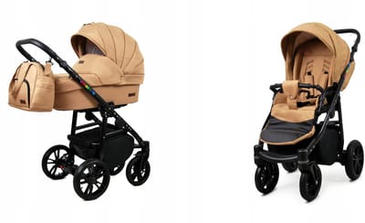 BabyLux® Kinderwagen 2in1 – COLORLUX - Sand Pearl BLACK FRAME - Opklapbare Wandelwagen incl. Reiswieg, Multifunctionele Buggy Sportstoel - Combi-kinderwagen met Luiertas, Regenhoes, Klamboe, Bekerhouder, etc.