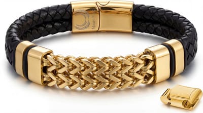 Mauro Vinci® Armband Heren Leer Goud – Leren Heren Armband met Stalen Schakel – Stainless Steel Schakelarmband Heren – Verstelbaar 19 cm tot 20.5 cm – Stoere Mannen Armband – Inclusief Luxe Geschenkverpakking