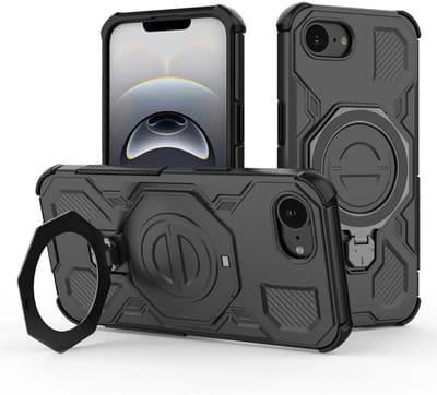 Hoesje geschikt voor Apple iPhone 17e / 16e | Compatibel met MagSafe / Qi2 | 360° Draaibare Magnetische Standaard | Back Cover Kickstand Ring | Zwart