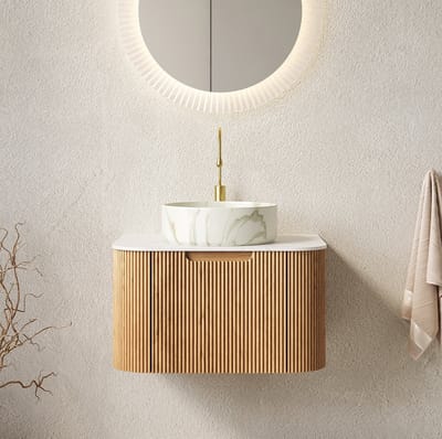 HAUSS SPOLE Badkamermeubel - Wandhangende Wastafel Met Opbouw Waskom En Softclose Lade - Voor Badkamer - Keramiek En Sintersteen - 61 Cm - Naturel Hout Wit